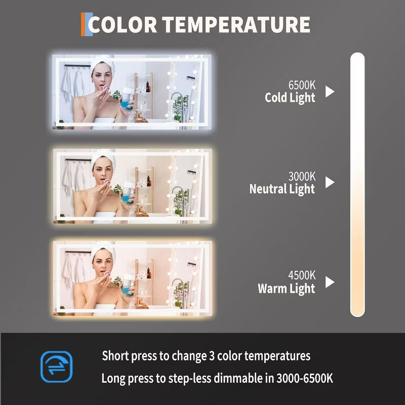60x30 LED Mirror for Bathroom with Anti-Fog, 3 Colour Dimmable, Memory Function, Tempered Glass