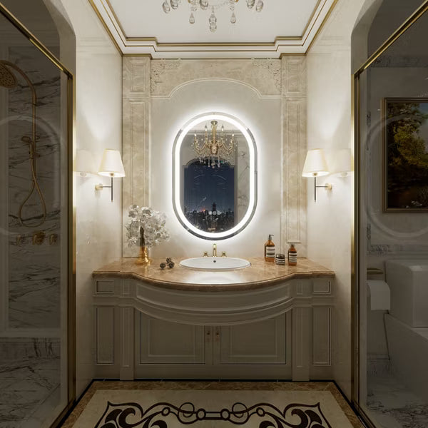 Apmir 20"x30" Arched Irregual Bathroom Vanity Mirror with 3 Colors Dimmable LED Lighted Anti-Fog Frameless UL Certified, 3-Year Warranty