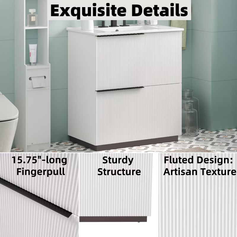KTMBDW 30 Inch Bathroom Vanity with Undermount Sink, Small Bathroom Sink Cabinet, Modern Bathroom Storge Vanity, Fluted Finish, White