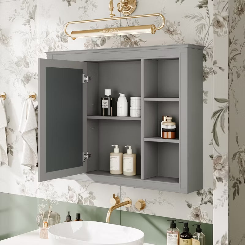 Wooakway 28"H Gray Modern Bathroom Mirror Cabinet with 6 Shelves Wall Mounted Medicine Storage