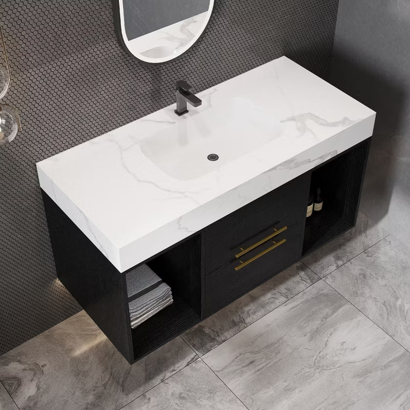 Gulches 40 Inch Floating Bathroom Vanity Ceramic Sink Sintered Stone Top Storage Drawers Modern Design White Black