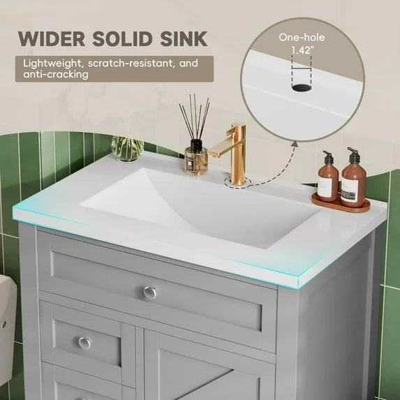 Lacoo 30'' Bathroom Vanity with Resin Sink, Wood Bathroom Storage Cabinet with Drawers and Shelves for Bathroom, Gray