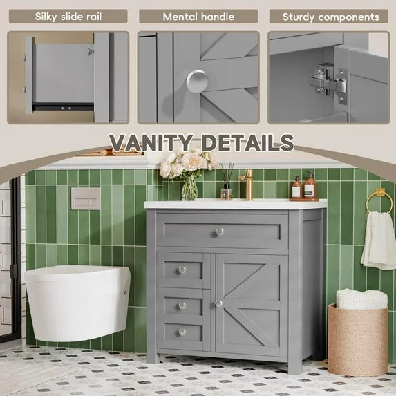 Lacoo 30'' Bathroom Vanity with Resin Sink, Wood Bathroom Storage Cabinet with Drawers and Shelves for Bathroom, Gray