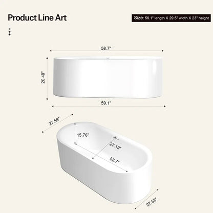 MonBlari Freestanding Soaking Acrylic Bathtub with Overflow and Pop-up Drain For Bathroom XAMB060GWMB1500