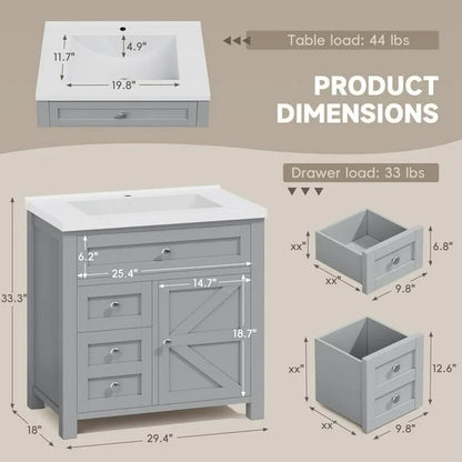 Lacoo 30'' Bathroom Vanity with Resin Sink, Wood Bathroom Storage Cabinet with Drawers and Shelves for Bathroom, Gray