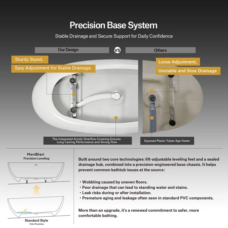 MonBlari Freestanding Soaking Acrylic Bathtub with Overflow and Pop-up Drain For Bathroom XAMB060GWMB1500