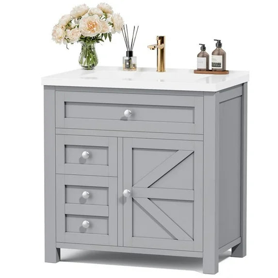 Lacoo 30'' Bathroom Vanity with Resin Sink, Wood Bathroom Storage Cabinet with Drawers and Shelves for Bathroom, Gray