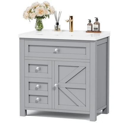 Lacoo 30'' Bathroom Vanity with Resin Sink, Wood Bathroom Storage Cabinet with Drawers and Shelves for Bathroom, Gray