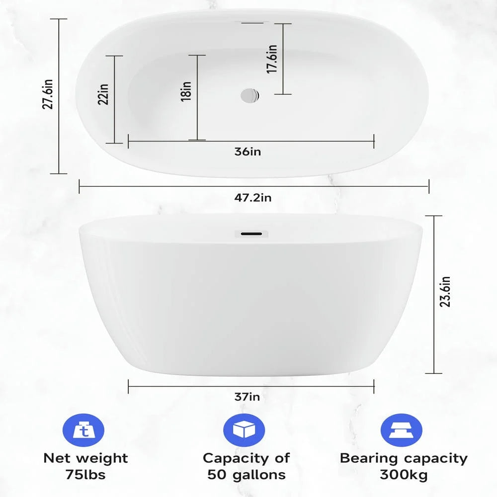 Topcobe 47" Acrylic Freestanding Bathtub-Acrylic Soaking Tubs, Oval Shape Freestanding Bathtub with Chrome Overflow and Pop-Up Drain, Bathroom Tub, Modern Bath Tubs, Freestanding Bathtubs