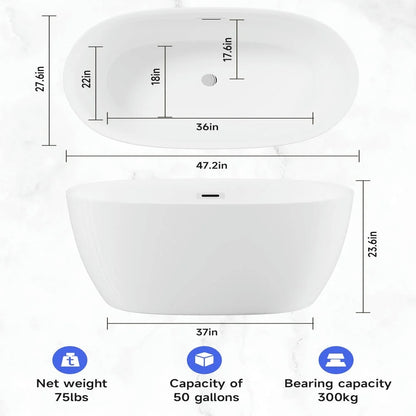 Topcobe 47" Acrylic Freestanding Bathtub-Acrylic Soaking Tubs, Oval Shape Freestanding Bathtub with Chrome Overflow and Pop-Up Drain, Bathroom Tub, Modern Bath Tubs, Freestanding Bathtubs