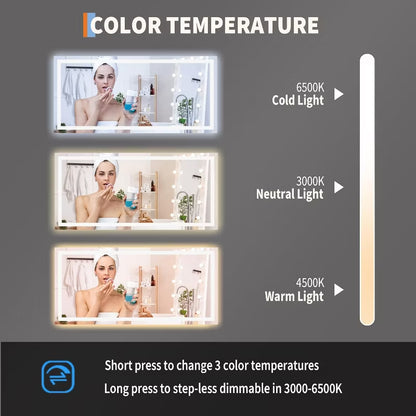 60x30 LED Mirror for Bathroom with Anti-Fog, 3 Colour Dimmable, Memory Function, Tempered Glass
