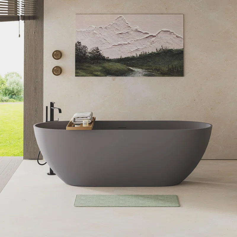 63" x 29.5" Freestanding Solid Surface Bathtub Stone Resin with Overflow and Pop-up Drain, Matte Gray 23S03-63MG