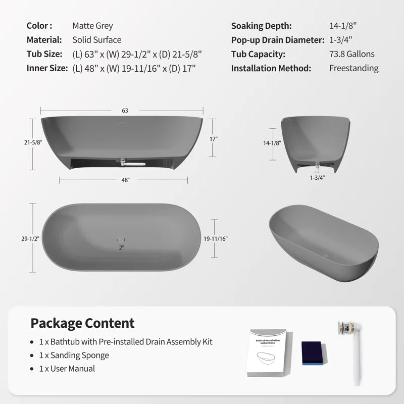 63" x 29.5" Freestanding Solid Surface Bathtub Stone Resin with Overflow and Pop-up Drain, Matte Gray 23S03-63MG