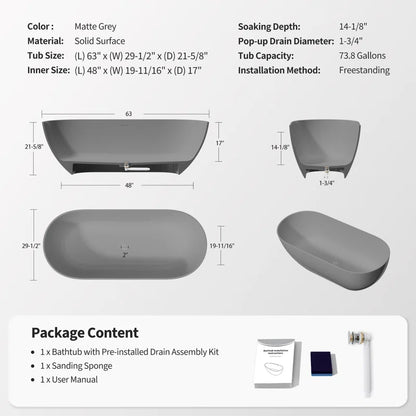 63" x 29.5" Freestanding Solid Surface Bathtub Stone Resin with Overflow and Pop-up Drain, Matte Gray 23S03-63MG
