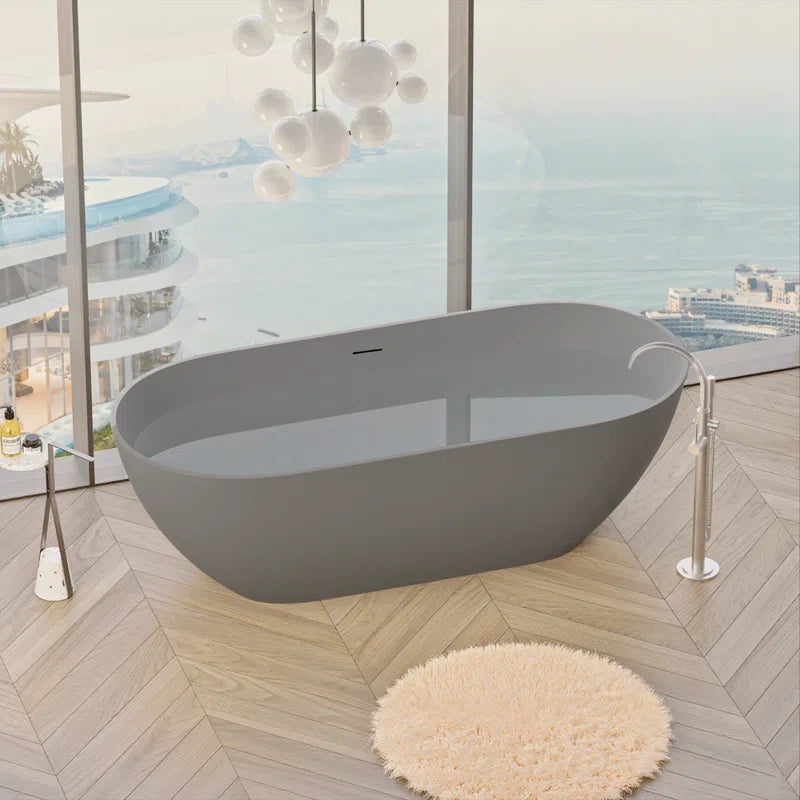 63" x 29.5" Freestanding Solid Surface Bathtub Stone Resin with Overflow and Pop-up Drain, Matte Gray 23S03-63MG
