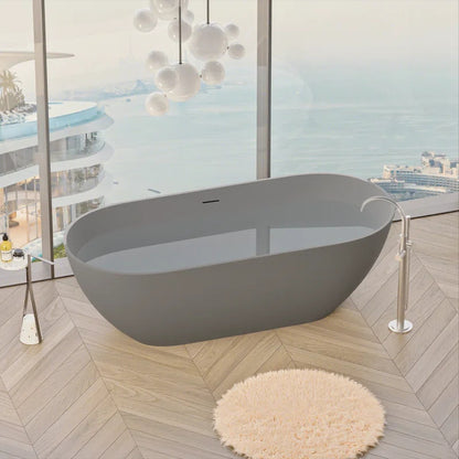 63" x 29.5" Freestanding Solid Surface Bathtub Stone Resin with Overflow and Pop-up Drain, Matte Gray 23S03-63MG