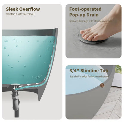 63" x 29.5" Freestanding Solid Surface Bathtub Stone Resin with Overflow and Pop-up Drain, Matte Gray 23S03-63MG