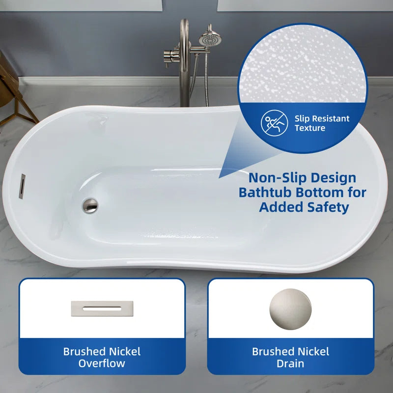 59" x 28" Freestanding Soaking Acrylic Single Slipper Bathtub with Reversible Drain BTA1530