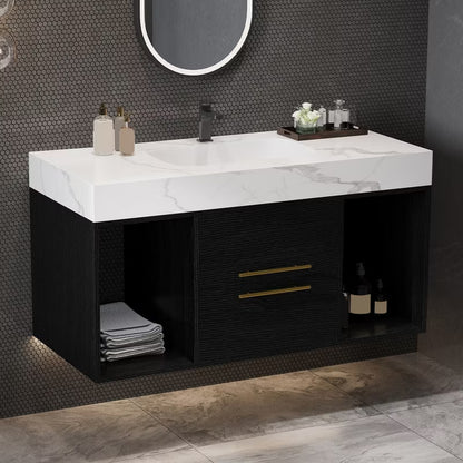 Gulches 40 Inch Floating Bathroom Vanity Ceramic Sink Sintered Stone Top Storage Drawers Modern Design White Black