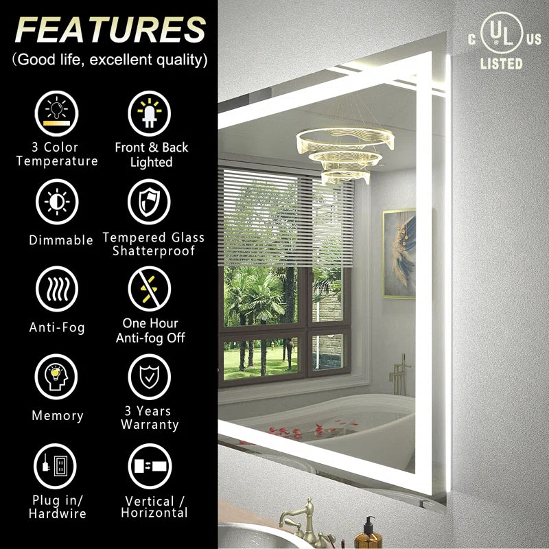 Aevar UL Certified Front & Back LED Anti-Fog Tempered Glass Bathroom/Vanity Mirror with 3-Year Warranty