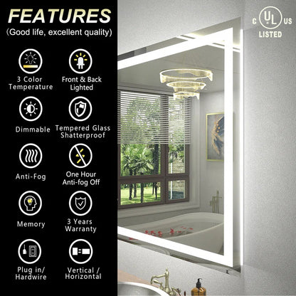 Aevar UL Certified Front & Back LED Anti-Fog Tempered Glass Bathroom/Vanity Mirror with 3-Year Warranty