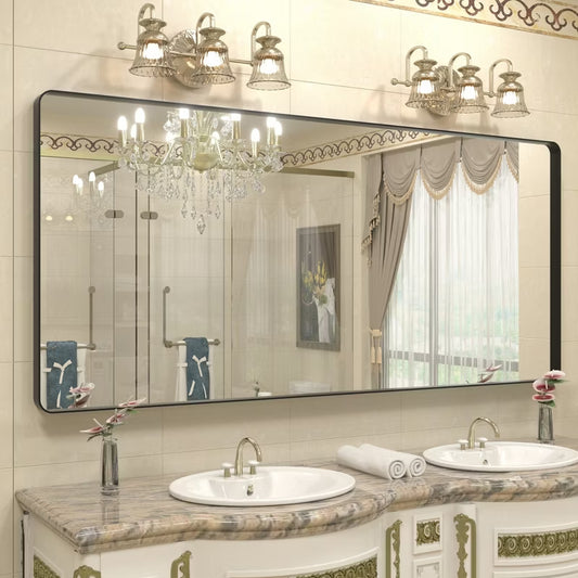 Apmir 72"x32" Rectangle  Alloy Framed and Tempered Glass Wall Bathroom Mirror in Matt Black