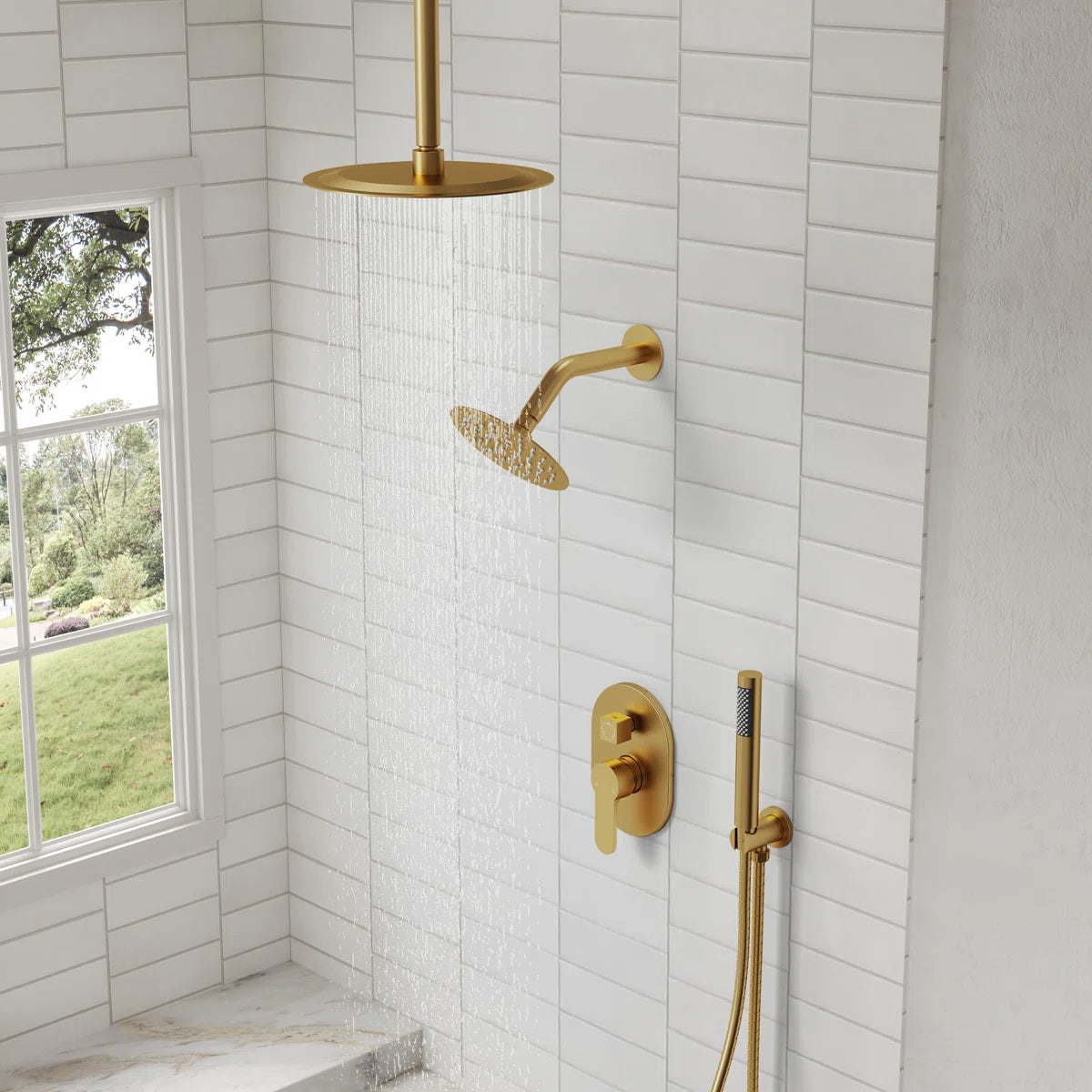 Ceiling Mount High-Pressure Rainfall Shower Faucet, Dual Showerheads System with Rough-in Valve, Handheld Shower SFS-1057-GD10 By EVERSTEIN  4.8  Rated 4.8 out of 5 stars. 83 Reviews