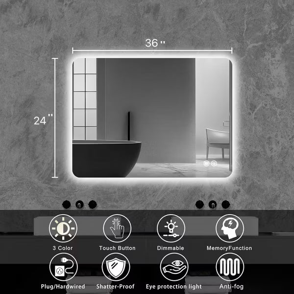 PAGED 24" x 36" Bathroom Mirror with Light, Rectangle Backligh Vanity Mirror for Bathroom, Living Room, Anti-Fog, Horizontal/Vertical, Silver