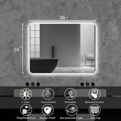 PAGED 24" x 36" Bathroom Mirror with Light, Rectangle Backligh Vanity Mirror for Bathroom, Living Room, Anti-Fog, Horizontal/Vertical, Silver