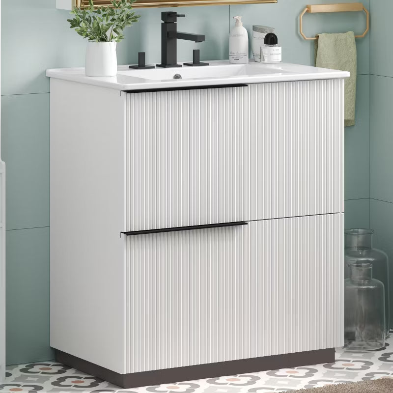 KTMBDW 30 Inch Bathroom Vanity with Undermount Sink, Small Bathroom Sink Cabinet, Modern Bathroom Storge Vanity, Fluted Finish, White