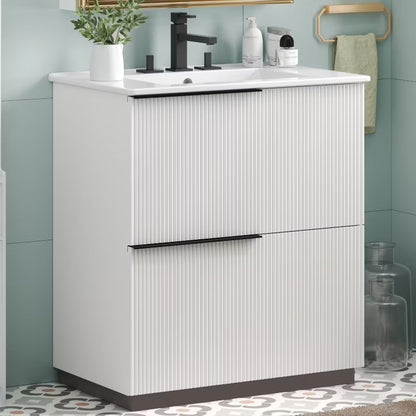 KTMBDW 30 Inch Bathroom Vanity with Undermount Sink, Small Bathroom Sink Cabinet, Modern Bathroom Storge Vanity, Fluted Finish, White