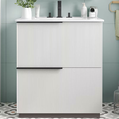 KTMBDW 30 Inch Bathroom Vanity with Undermount Sink, Small Bathroom Sink Cabinet, Modern Bathroom Storge Vanity, Fluted Finish, White