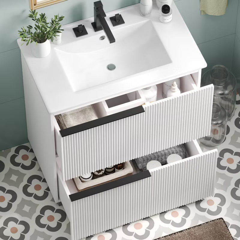 KTMBDW 30 Inch Bathroom Vanity with Undermount Sink, Small Bathroom Sink Cabinet, Modern Bathroom Storge Vanity, Fluted Finish, White