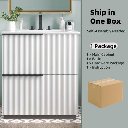 KTMBDW 30 Inch Bathroom Vanity with Undermount Sink, Small Bathroom Sink Cabinet, Modern Bathroom Storge Vanity, Fluted Finish, White