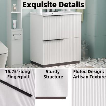 KTMBDW 30 Inch Bathroom Vanity with Undermount Sink, Small Bathroom Sink Cabinet, Modern Bathroom Storge Vanity, Fluted Finish, White