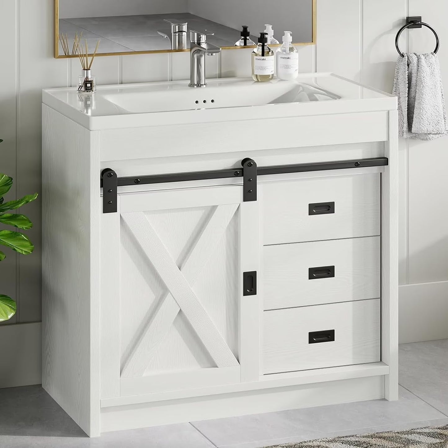 Best seller DreamCurship DreamCurship 32" Bathroom Vanity with Sink Combo, White Bathroom Storage Cabinet with Drawers, Farmhouse Bathroom Vanity Cabinet with Sliding Barn Doors, White