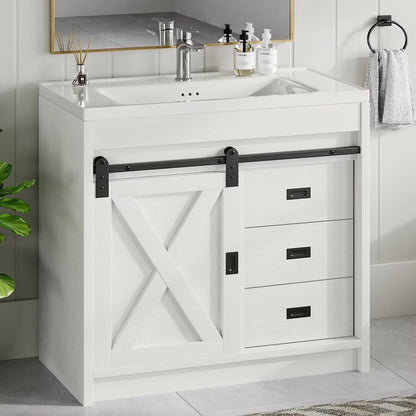 Best seller DreamCurship DreamCurship 32" Bathroom Vanity with Sink Combo, White Bathroom Storage Cabinet with Drawers, Farmhouse Bathroom Vanity Cabinet with Sliding Barn Doors, White