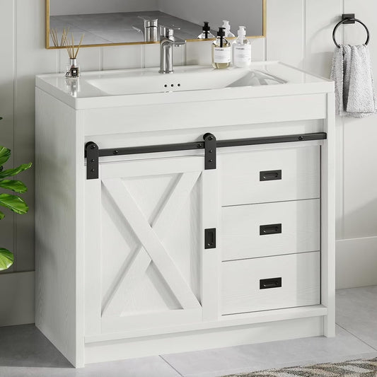 Best seller DreamCurship DreamCurship 32" Bathroom Vanity with Sink Combo, White Bathroom Storage Cabinet with Drawers, Farmhouse Bathroom Vanity Cabinet with Sliding Barn Doors, White