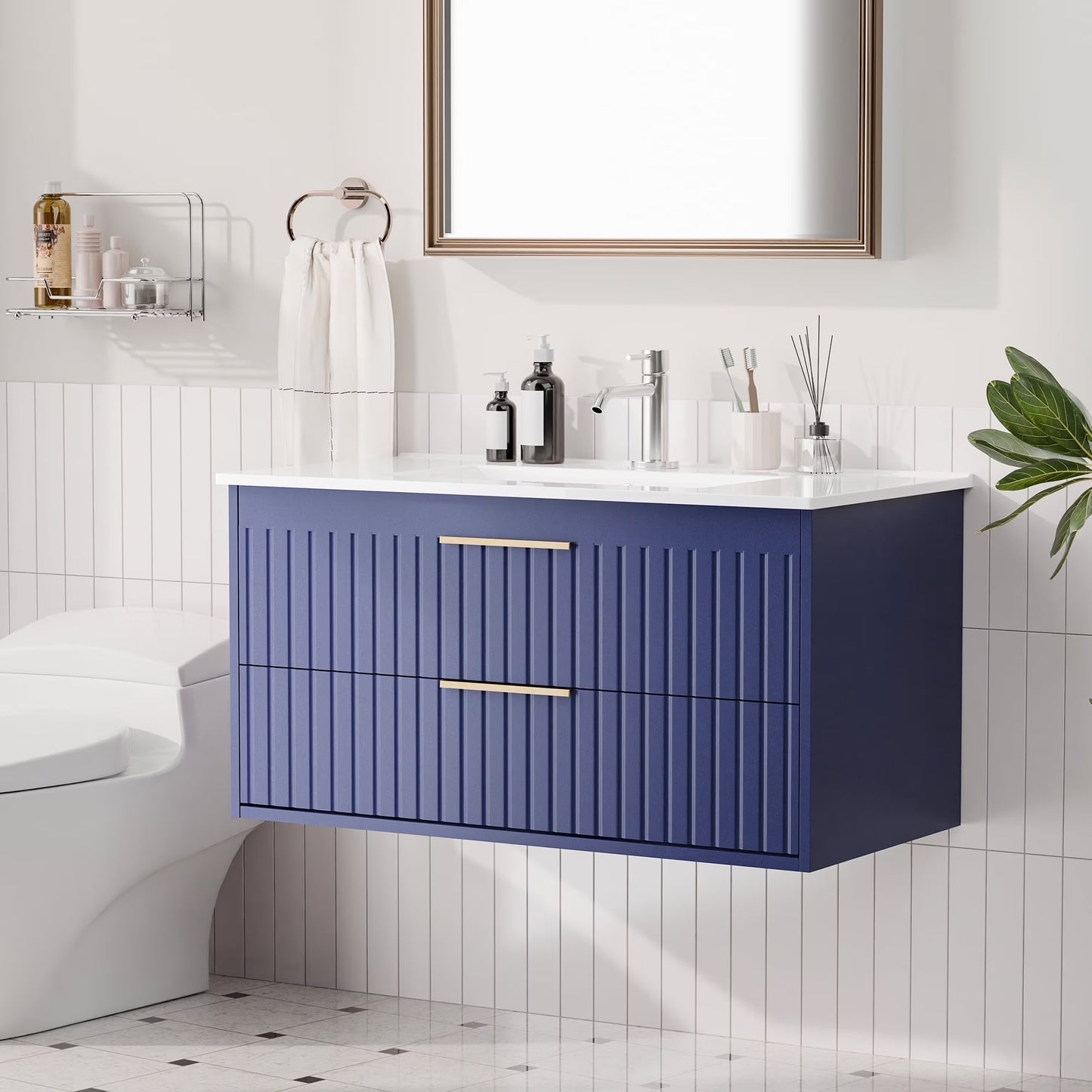 Joywind 36-inch Floating Bathroom Vanity with Sink Combo, Complete Set with 3 Big Drawers and Modern Metal Handles for Ample Storage Blue