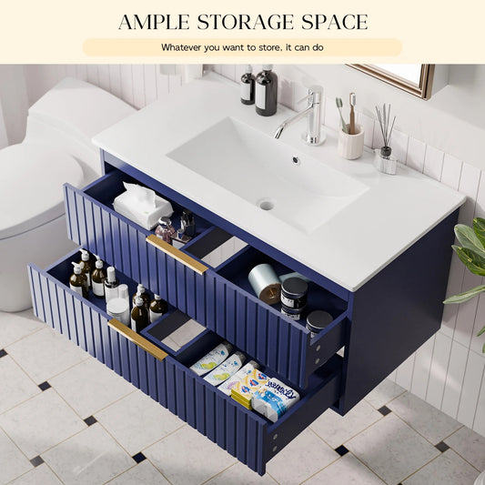 Joywind 36-inch Floating Bathroom Vanity with Sink Combo, Complete Set with 3 Big Drawers and Modern Metal Handles for Ample Storage Blue