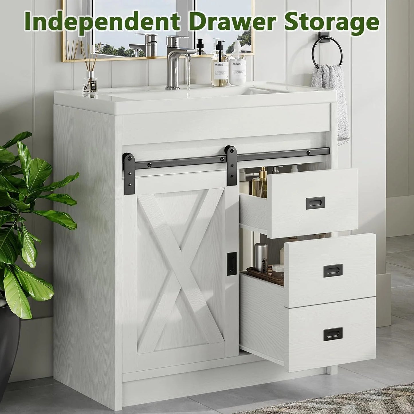 Best seller DreamCurship DreamCurship 32" Bathroom Vanity with Sink Combo, White Bathroom Storage Cabinet with Drawers, Farmhouse Bathroom Vanity Cabinet with Sliding Barn Doors, White