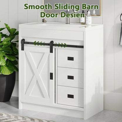 Best seller DreamCurship DreamCurship 32" Bathroom Vanity with Sink Combo, White Bathroom Storage Cabinet with Drawers, Farmhouse Bathroom Vanity Cabinet with Sliding Barn Doors, White