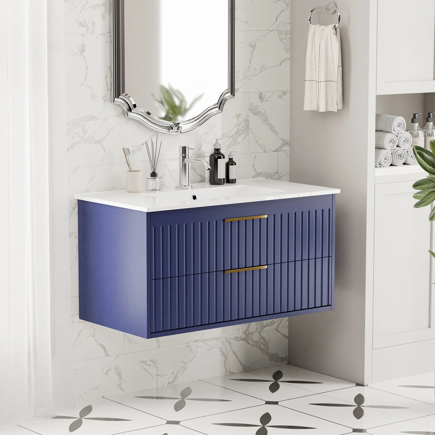 Joywind 36-inch Floating Bathroom Vanity with Sink Combo, Complete Set with 3 Big Drawers and Modern Metal Handles for Ample Storage Blue