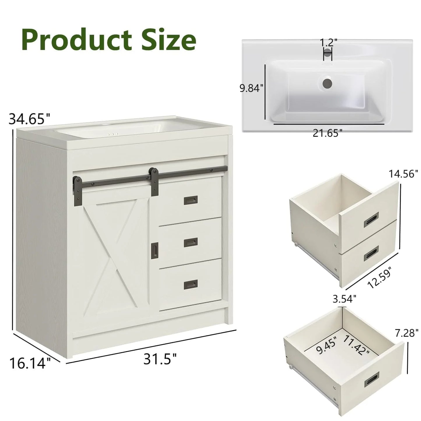 Best seller DreamCurship DreamCurship 32" Bathroom Vanity with Sink Combo, White Bathroom Storage Cabinet with Drawers, Farmhouse Bathroom Vanity Cabinet with Sliding Barn Doors, White