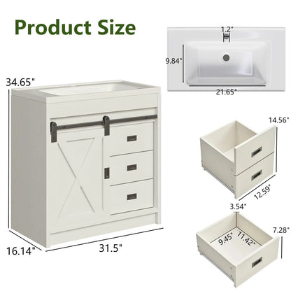 Best seller DreamCurship DreamCurship 32" Bathroom Vanity with Sink Combo, White Bathroom Storage Cabinet with Drawers, Farmhouse Bathroom Vanity Cabinet with Sliding Barn Doors, White