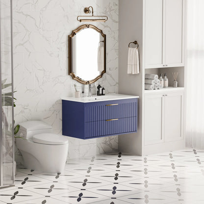 Joywind 36-inch Floating Bathroom Vanity with Sink Combo, Complete Set with 3 Big Drawers and Modern Metal Handles for Ample Storage Blue