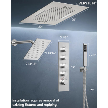 Music Thermostatic Shower Faucet,Dual 20" Showerheads System with LED Mood Lighting SFS-1054-NK20 By EVERSTEIN