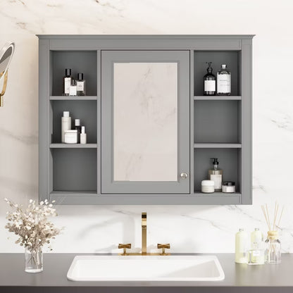 Wooakway 28"H Gray Modern Bathroom Mirror Cabinet with 6 Shelves Wall Mounted Medicine Storage