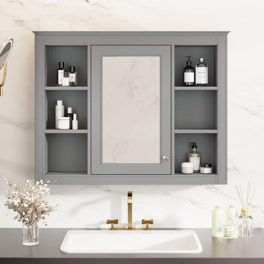Wooakway 28"H Gray Modern Bathroom Mirror Cabinet with 6 Shelves Wall Mounted Medicine Storage