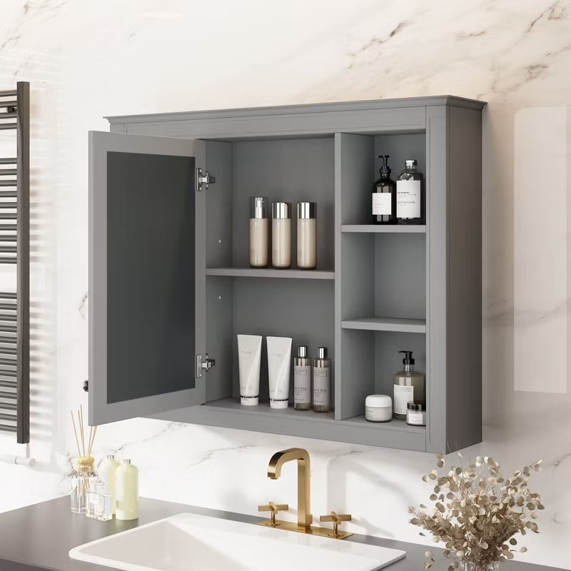 Wooakway 28"H Gray Modern Bathroom Mirror Cabinet with 6 Shelves Wall Mounted Medicine Storage